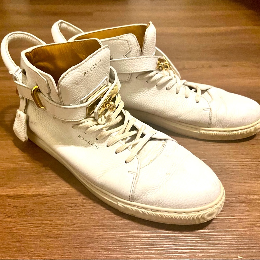 BUSCEMI SNEAKERS - White Italian Leather with Gold Hardware - Size 13